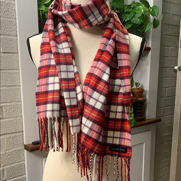 Land's End Red Plaid Winter Scarf EUC 418320 Unisex 15"x62" - Picture 1 of 6